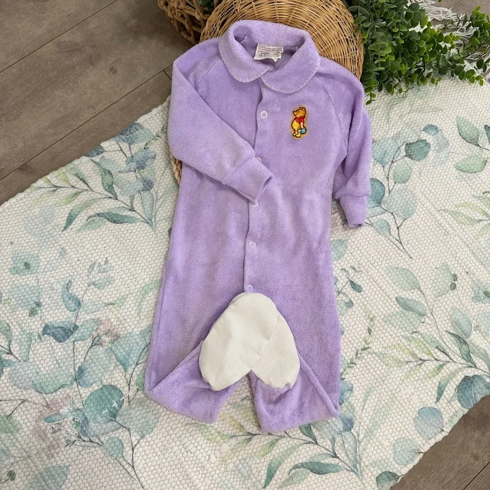 Vintage Disney Winnie Pooh Baby Girl Pajamas Lavender Button Footie Terry Cloth